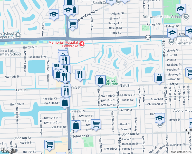 map of restaurants, bars, coffee shops, grocery stores, and more near 7793 Northwest 17th Court in Pembroke Pines