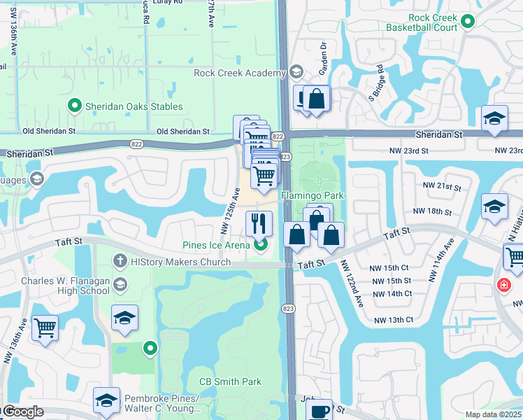 map of restaurants, bars, coffee shops, grocery stores, and more near 12444 Northwest 18th Court in Pembroke Pines