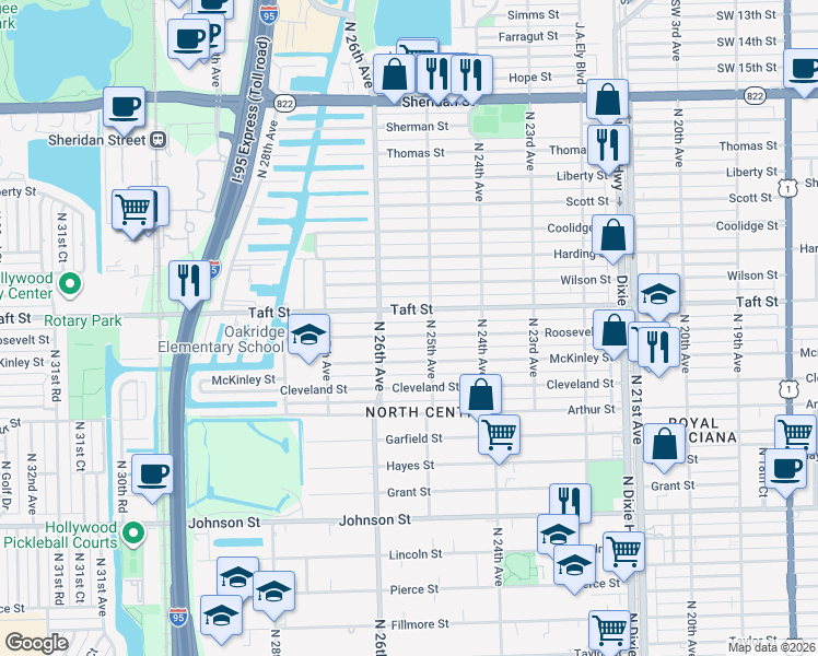 map of restaurants, bars, coffee shops, grocery stores, and more near 2530 Roosevelt Street in Hollywood