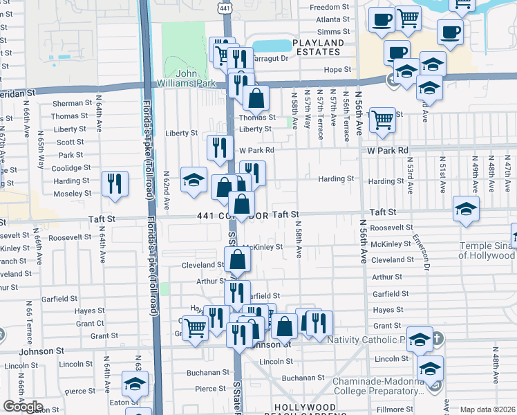 map of restaurants, bars, coffee shops, grocery stores, and more near 5909 Taft Street in Hollywood