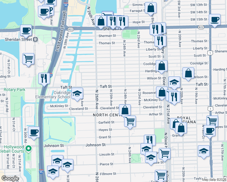 map of restaurants, bars, coffee shops, grocery stores, and more near 2443 Roosevelt Street in Hollywood