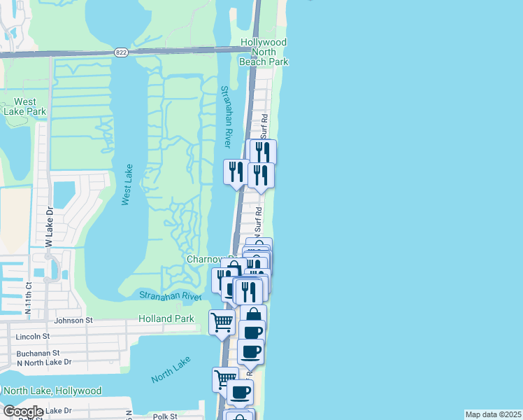 map of restaurants, bars, coffee shops, grocery stores, and more near 2115 North Surf Road in Hollywood