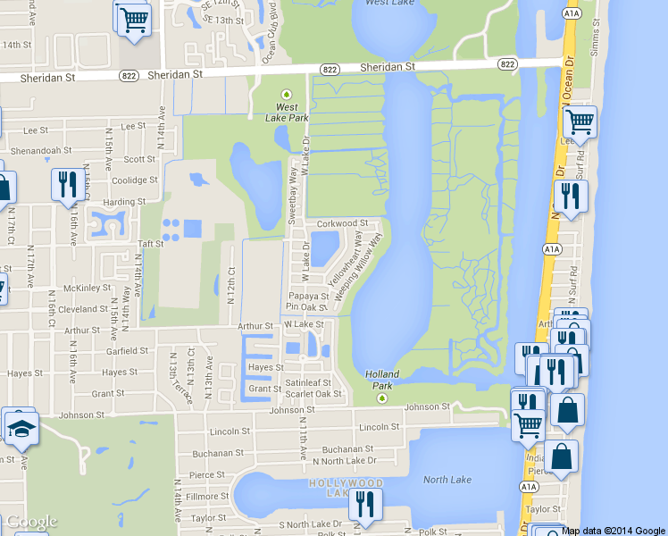 map of restaurants, bars, coffee shops, grocery stores, and more near 1521 Seagrape Way in Hollywood
