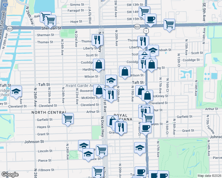 map of restaurants, bars, coffee shops, grocery stores, and more near 2015 McKinley Street in Hollywood