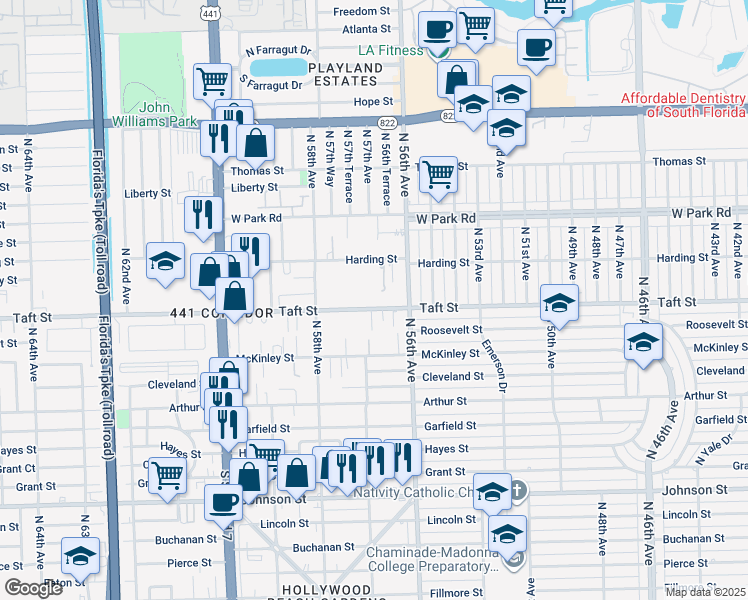 map of restaurants, bars, coffee shops, grocery stores, and more near 5700 Taft Street in Hollywood