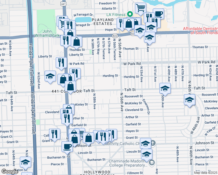 map of restaurants, bars, coffee shops, grocery stores, and more near 5700 Taft Street in Hollywood