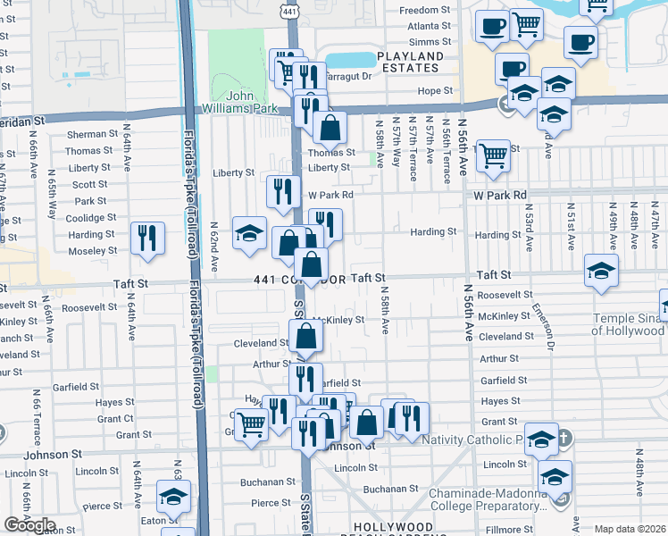 map of restaurants, bars, coffee shops, grocery stores, and more near 5909 Taft Street in Hollywood
