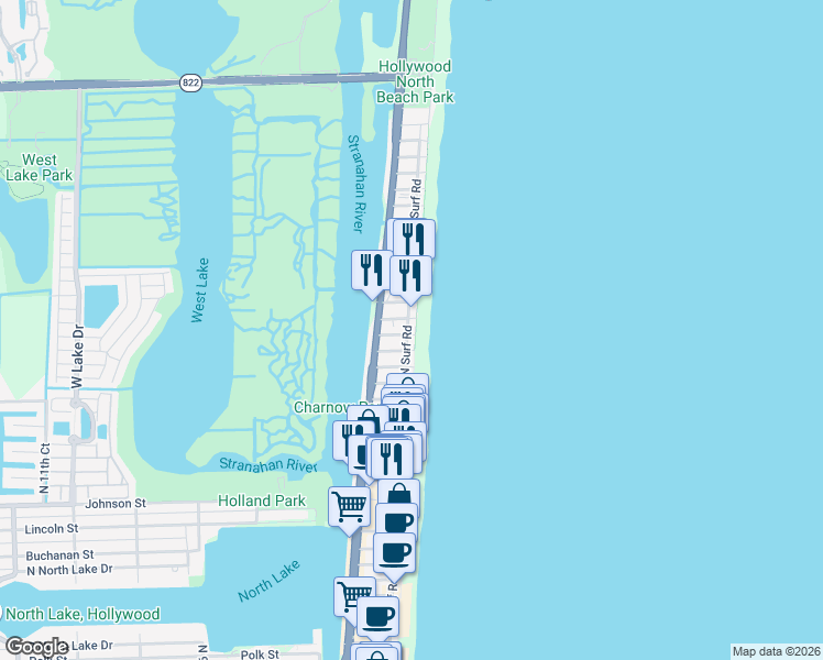 map of restaurants, bars, coffee shops, grocery stores, and more near 2115 North Surf Road in Hollywood