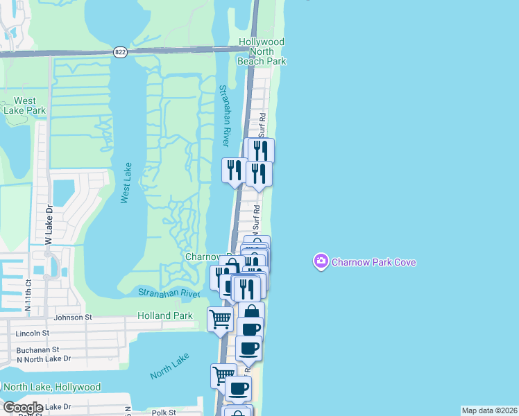 map of restaurants, bars, coffee shops, grocery stores, and more near 2115 North Surf Road in Hollywood