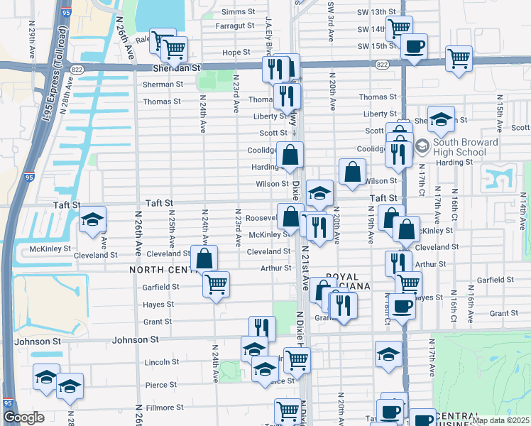 map of restaurants, bars, coffee shops, grocery stores, and more near 2128 Roosevelt Street in Hollywood