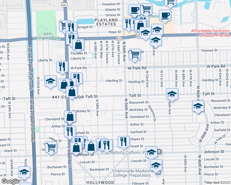 map of restaurants, bars, coffee shops, grocery stores, and more near 5700 Taft Street in Hollywood