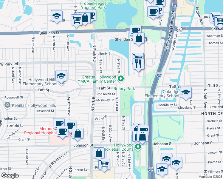 map of restaurants, bars, coffee shops, grocery stores, and more near 3194 Taft St in Hollywood