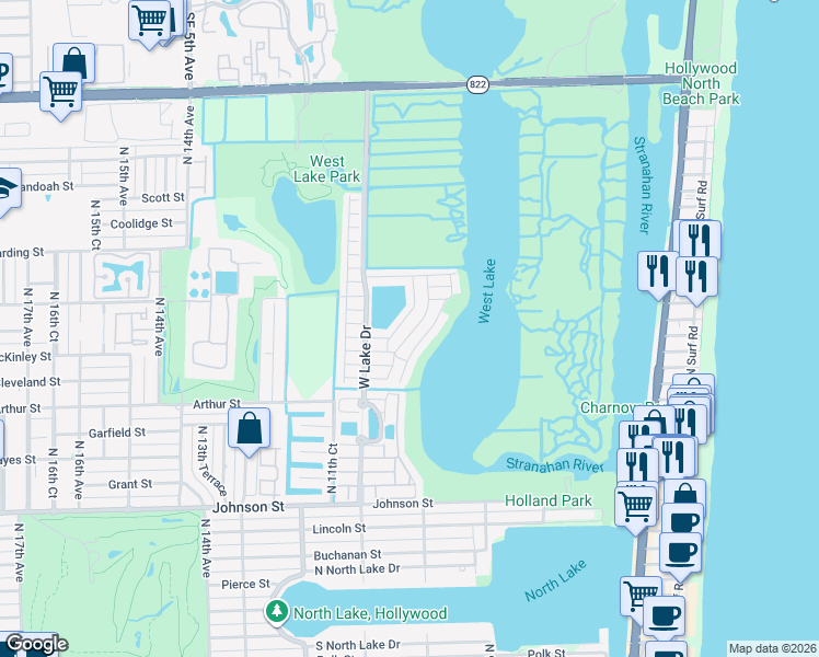 map of restaurants, bars, coffee shops, grocery stores, and more near 1554 Yellowheart Way in Hollywood