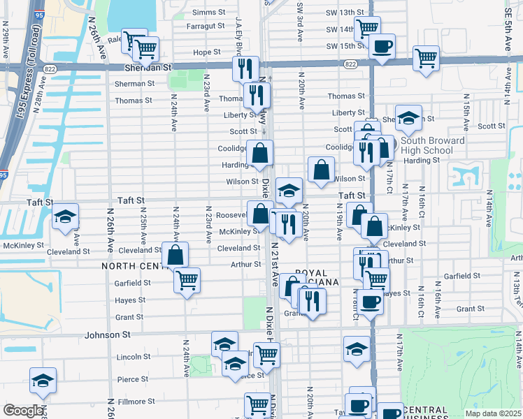 map of restaurants, bars, coffee shops, grocery stores, and more near 1610 North Dixie Highway in Hollywood