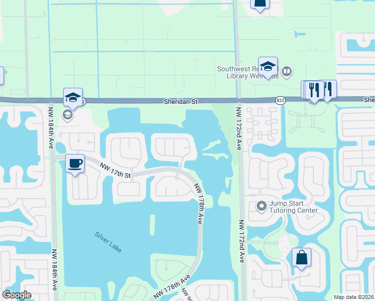 map of restaurants, bars, coffee shops, grocery stores, and more near 17801 Northwest 19th Street in Pembroke Pines