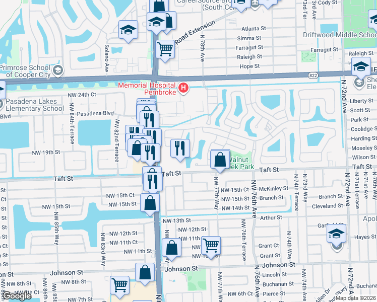 map of restaurants, bars, coffee shops, grocery stores, and more near 1701 Northwest 78th Way in Pembroke Pines
