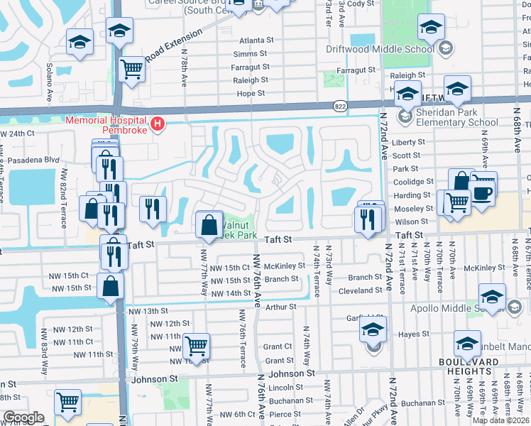 map of restaurants, bars, coffee shops, grocery stores, and more near 1888 Northwest 75th Way in Hollywood