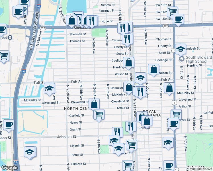 map of restaurants, bars, coffee shops, grocery stores, and more near 2318 Roosevelt Street in Hollywood