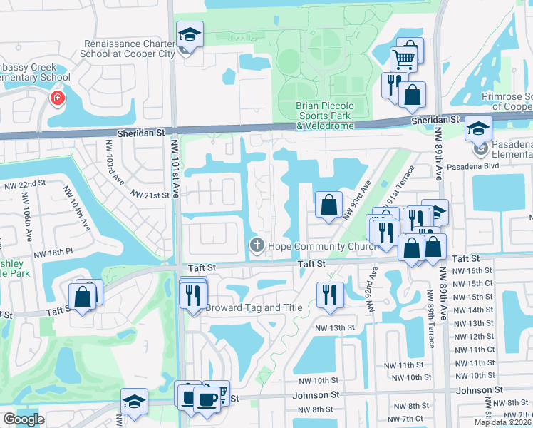 map of restaurants, bars, coffee shops, grocery stores, and more near 1891 Bayberry Drive in Pembroke Pines