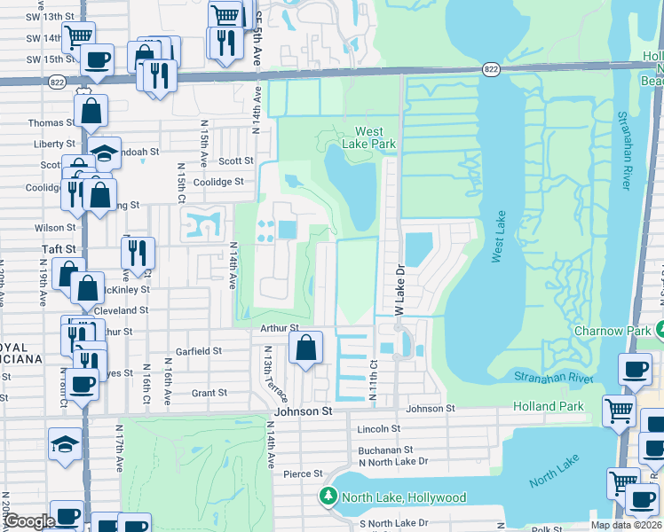 map of restaurants, bars, coffee shops, grocery stores, and more near 1451 North 12th Court in Hollywood