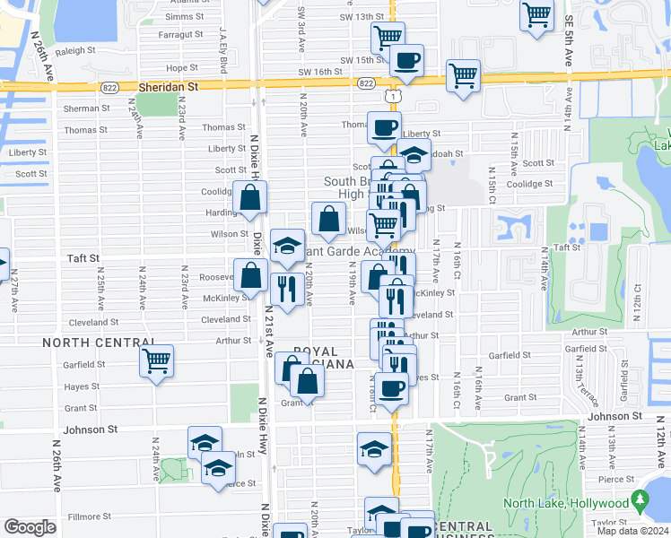 map of restaurants, bars, coffee shops, grocery stores, and more near 1936 Roosevelt Street in Hollywood