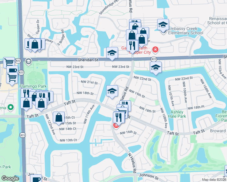 map of restaurants, bars, coffee shops, grocery stores, and more near 1820 Northwest 112th Terrace in Pembroke Pines