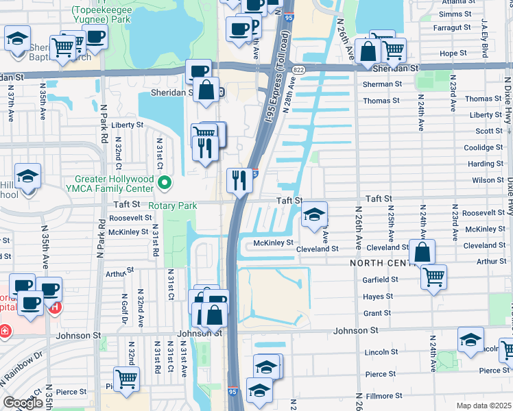 map of restaurants, bars, coffee shops, grocery stores, and more near 1619 North 29th Court in Hollywood
