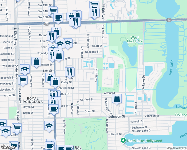 map of restaurants, bars, coffee shops, grocery stores, and more near 1545 North 14th Terrace in Hollywood