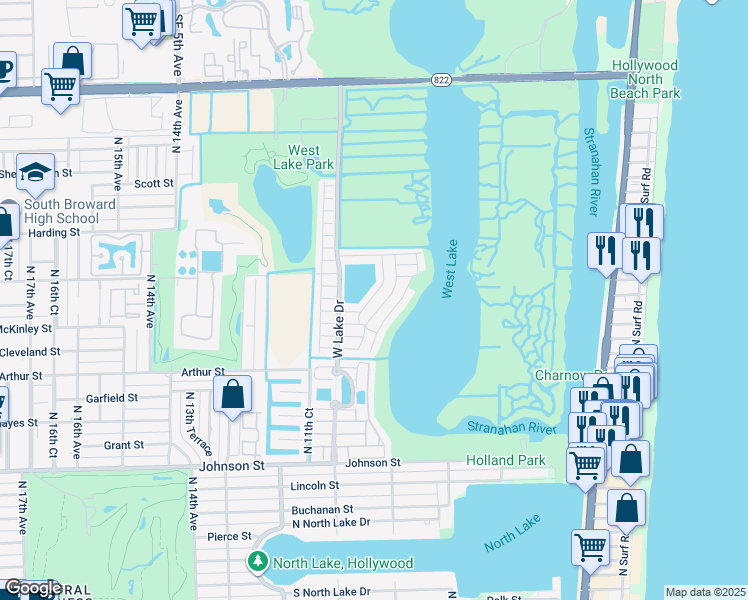 map of restaurants, bars, coffee shops, grocery stores, and more near 1521 Seagrape Way in Hollywood