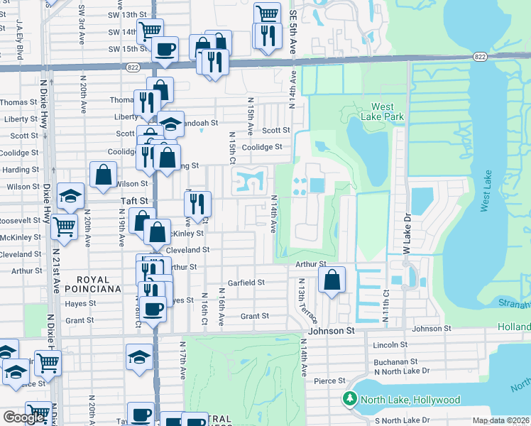 map of restaurants, bars, coffee shops, grocery stores, and more near 1545 North 14th Terrace in Hollywood
