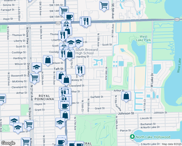 map of restaurants, bars, coffee shops, grocery stores, and more near 1600 Taft Street in Hollywood