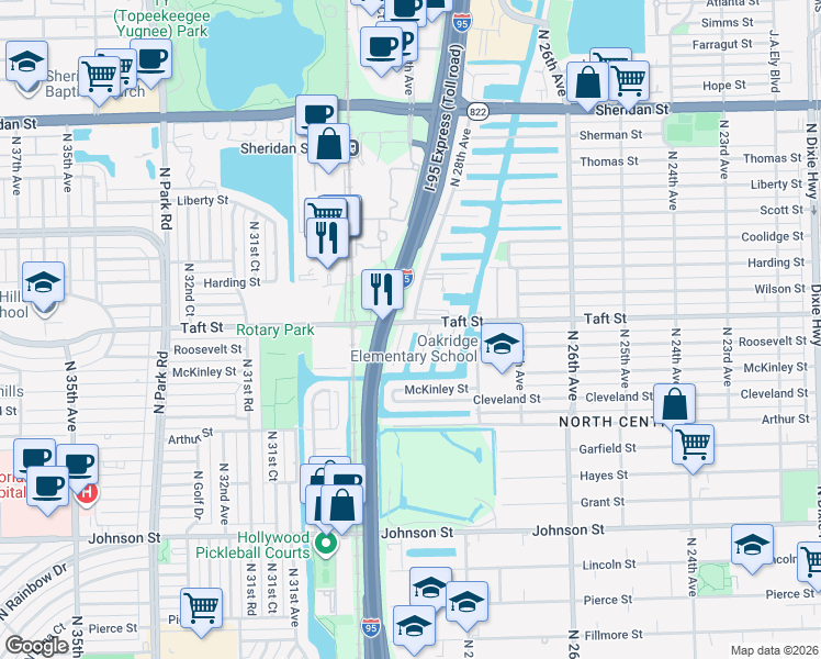 map of restaurants, bars, coffee shops, grocery stores, and more near 3009 Taft Street in Hollywood