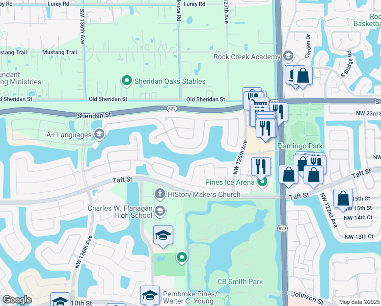 map of restaurants, bars, coffee shops, grocery stores, and more near 12799 Northwest 18th Manor in Pembroke Pines