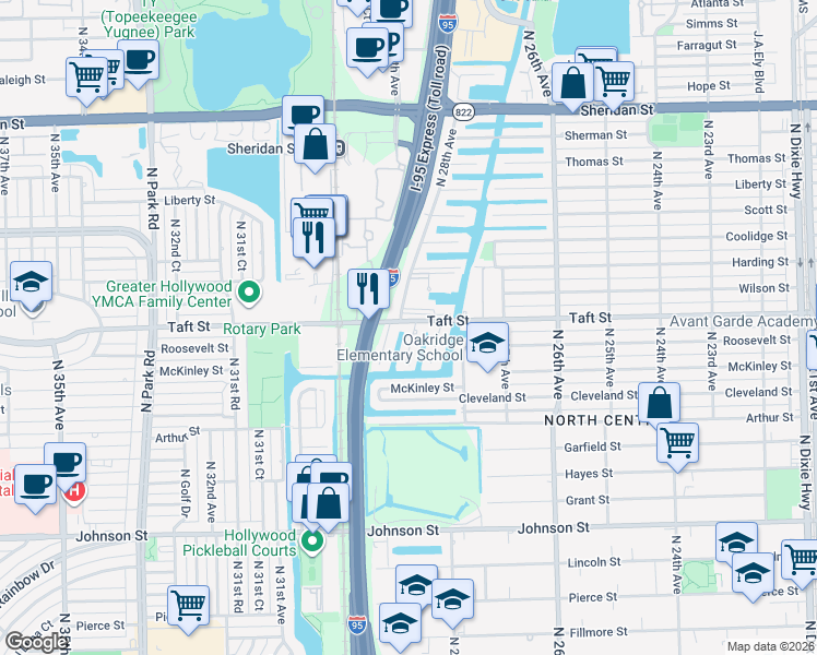 map of restaurants, bars, coffee shops, grocery stores, and more near 1614 North 28th Court in Hollywood