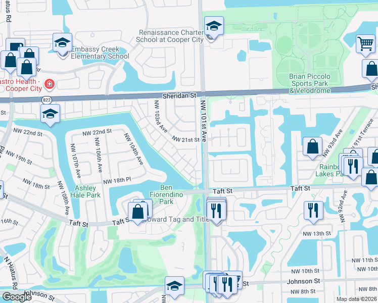 map of restaurants, bars, coffee shops, grocery stores, and more near 10180 East Cypress Court in Pembroke Pines