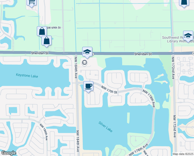 map of restaurants, bars, coffee shops, grocery stores, and more near 18200 Northwest 19th Street in Pembroke Pines