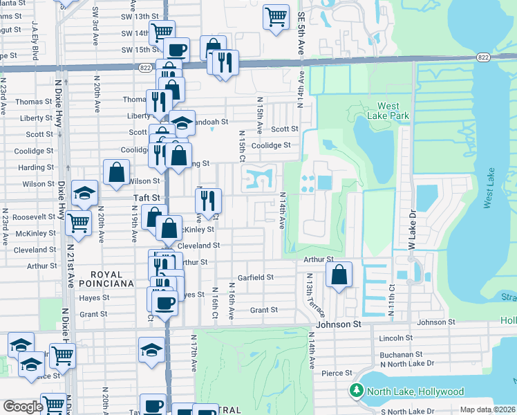 map of restaurants, bars, coffee shops, grocery stores, and more near 1529 Gabriel Street in Hollywood