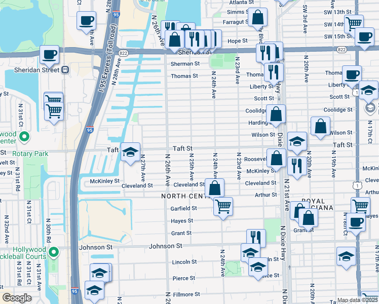 map of restaurants, bars, coffee shops, grocery stores, and more near 2443 Roosevelt Street in Hollywood