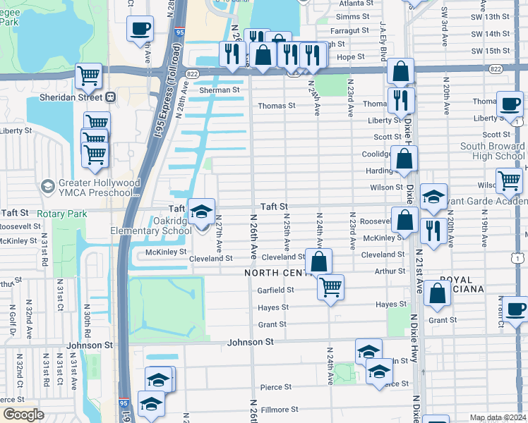 map of restaurants, bars, coffee shops, grocery stores, and more near 2530 Roosevelt Street in Hollywood