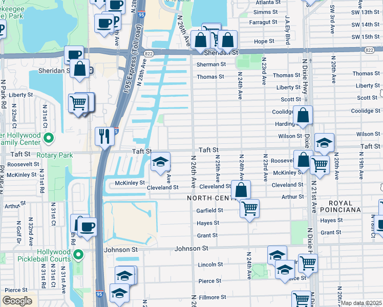 map of restaurants, bars, coffee shops, grocery stores, and more near 2620 Roosevelt Street in Hollywood