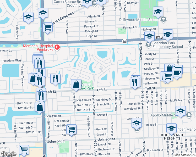 map of restaurants, bars, coffee shops, grocery stores, and more near 7576 Northwest 18th Drive in Hollywood