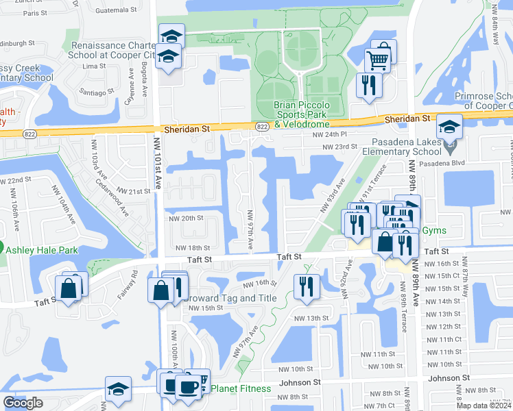 map of restaurants, bars, coffee shops, grocery stores, and more near 1851 Northwest 96th Terrace in Pembroke Pines