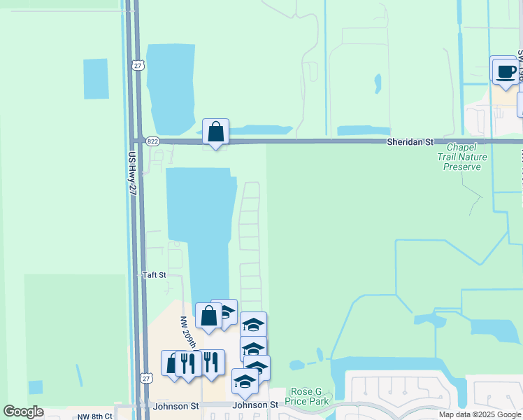 map of restaurants, bars, coffee shops, grocery stores, and more near 2203 Northwest 208th Terrace in Pembroke Pines