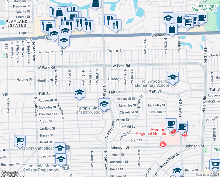 map of restaurants, bars, coffee shops, grocery stores, and more near 1800 North 45th Avenue in Hollywood