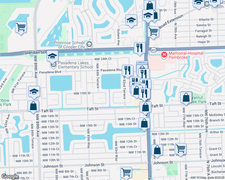 map of restaurants, bars, coffee shops, grocery stores, and more near 2040 Northwest 82nd Terrace in Pembroke Pines