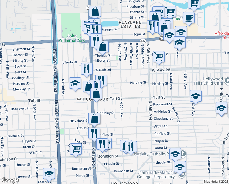 map of restaurants, bars, coffee shops, grocery stores, and more near 5819 Moseley Street in Hollywood