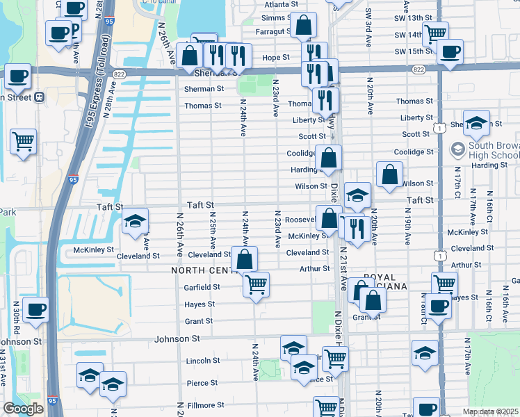 map of restaurants, bars, coffee shops, grocery stores, and more near 2314 Wilson Street in Hollywood