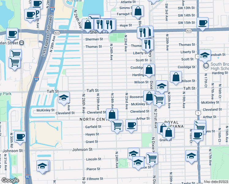 map of restaurants, bars, coffee shops, grocery stores, and more near 1710 North 24th Avenue in Hollywood