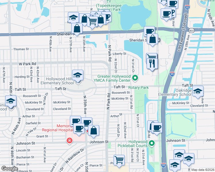map of restaurants, bars, coffee shops, grocery stores, and more near 1801 North Park Road in Hollywood