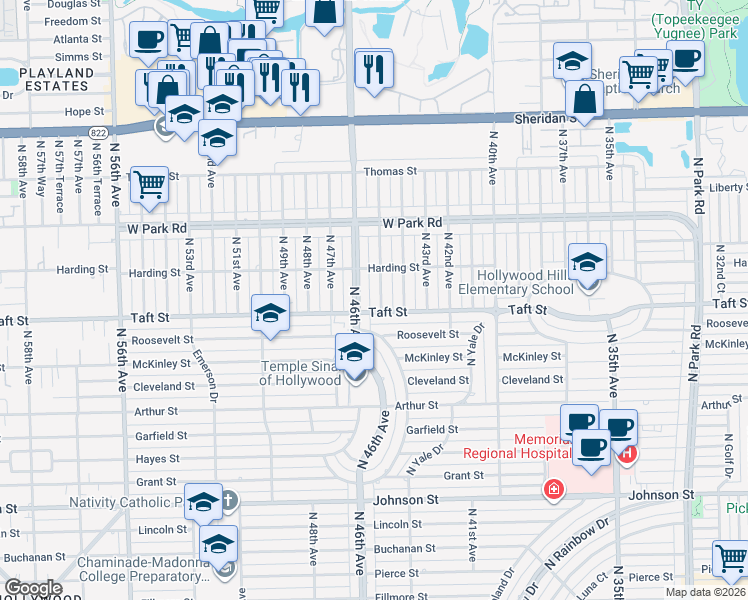 map of restaurants, bars, coffee shops, grocery stores, and more near 1800 North 45th Avenue in Hollywood